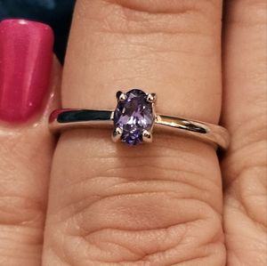 Sz 6, Dainty Solitaire Tanzanite Ring, 925 Silver,Rhodium,& Rough Sample of Tanz